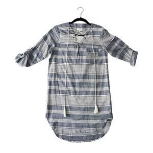 Lucca Women's Roll Tab Sleeve Popover Mini Dress Gray Striped Cotton Size XS